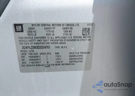 2012 Chevrolet Equinox Ls из США, поврежденный, VIN 2GNFLCEK0C6254761